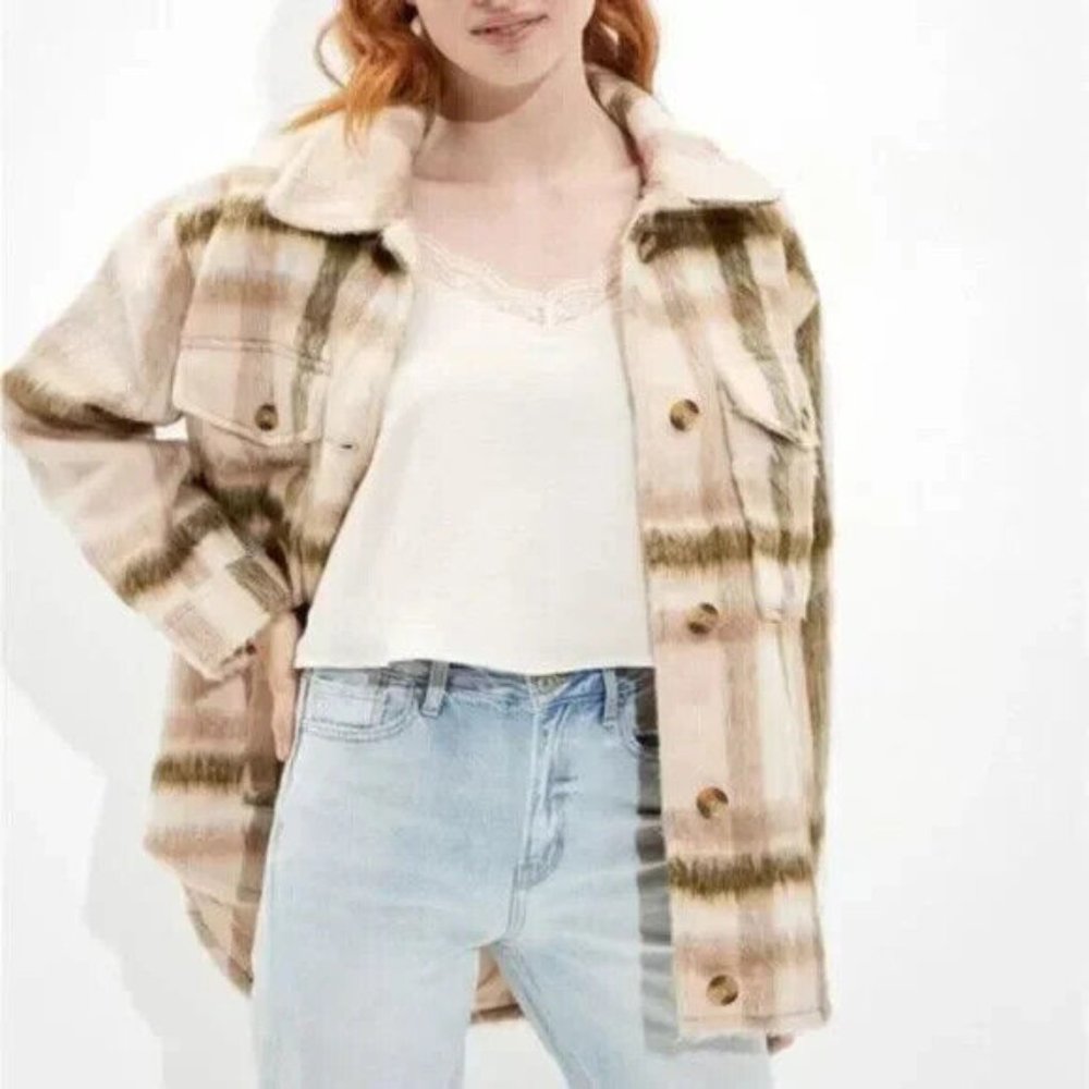 American Eagle Size Small Brushed Plaid Oversized Shacket Jacket Cream NWT $90